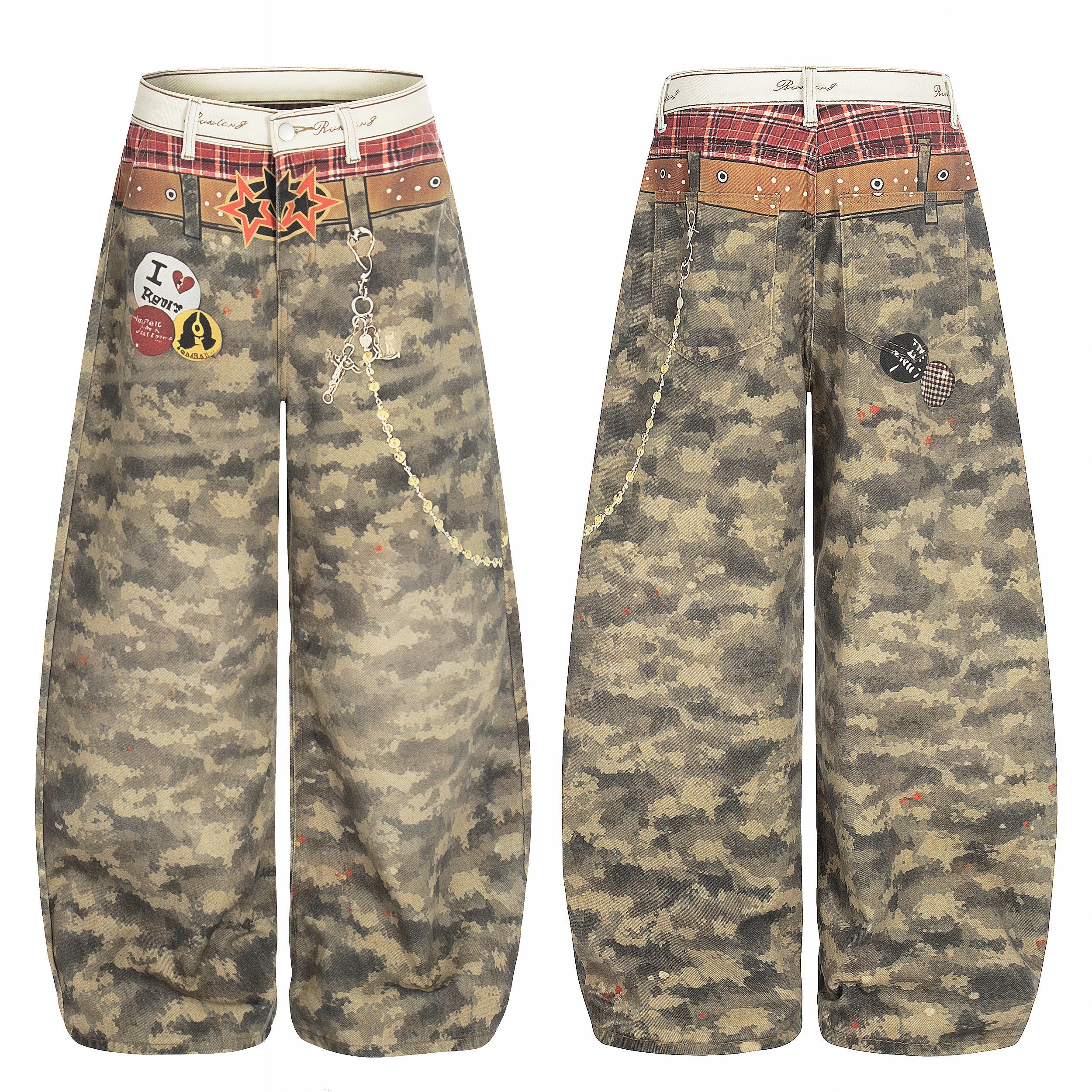 CapCabin Camo Patchwork Wide-Leg Denim Pants